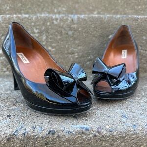 Paul Green Black Patent Leather Peep Toe Bow Heels Pumps Coquette Balletcore 6.5